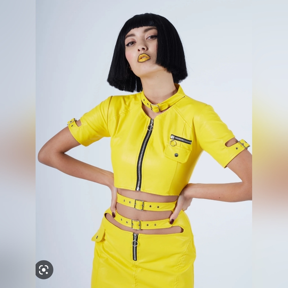 Strange Couture Vegan Leather Yellow Mini Dress Buckles US 6